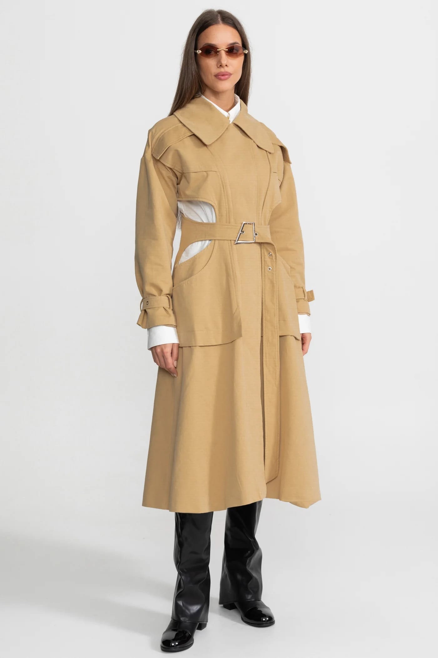 Cut-Out Belted Long Coat - Khaki