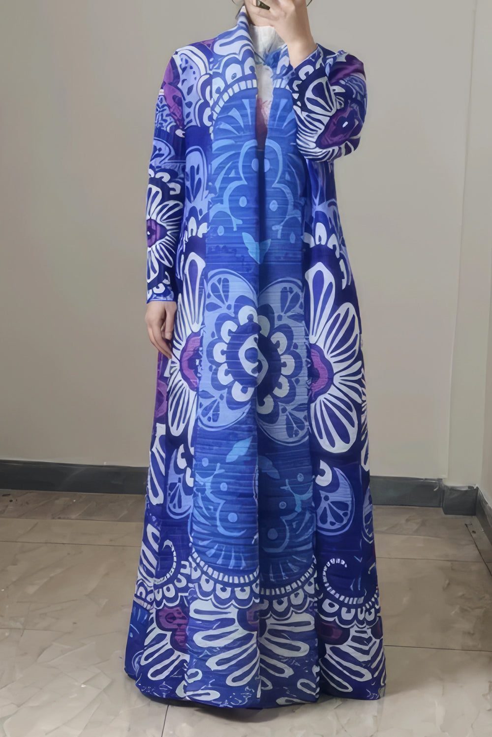 Long Printed Open Front Duster Coat