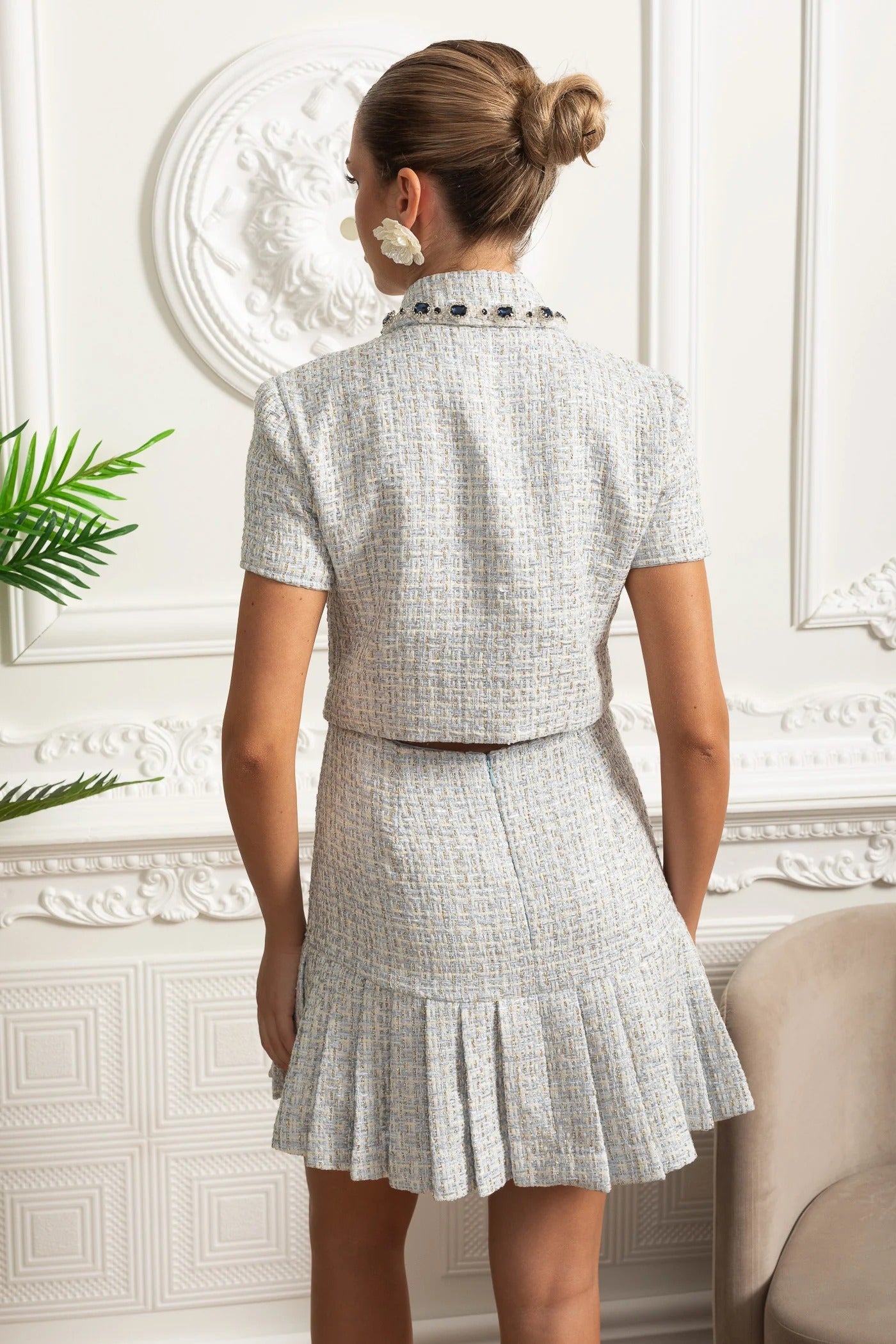 Short Sleeve Tweed Button-Down Mini Dress With Pleated Hem - Blue