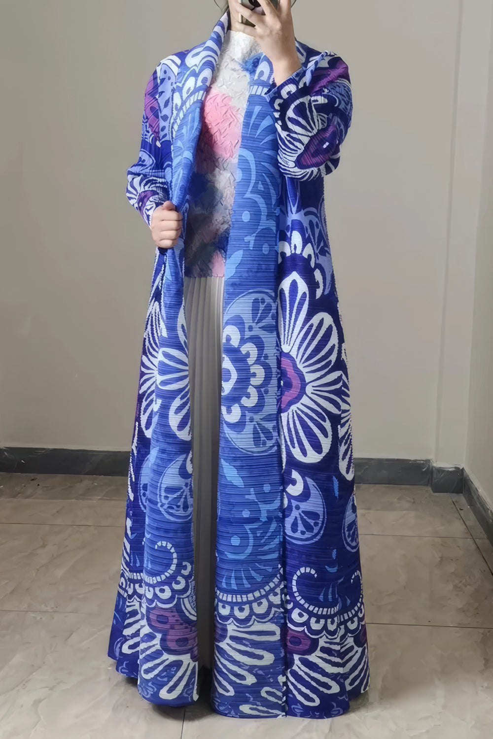 Long Printed Open Front Duster Coat
