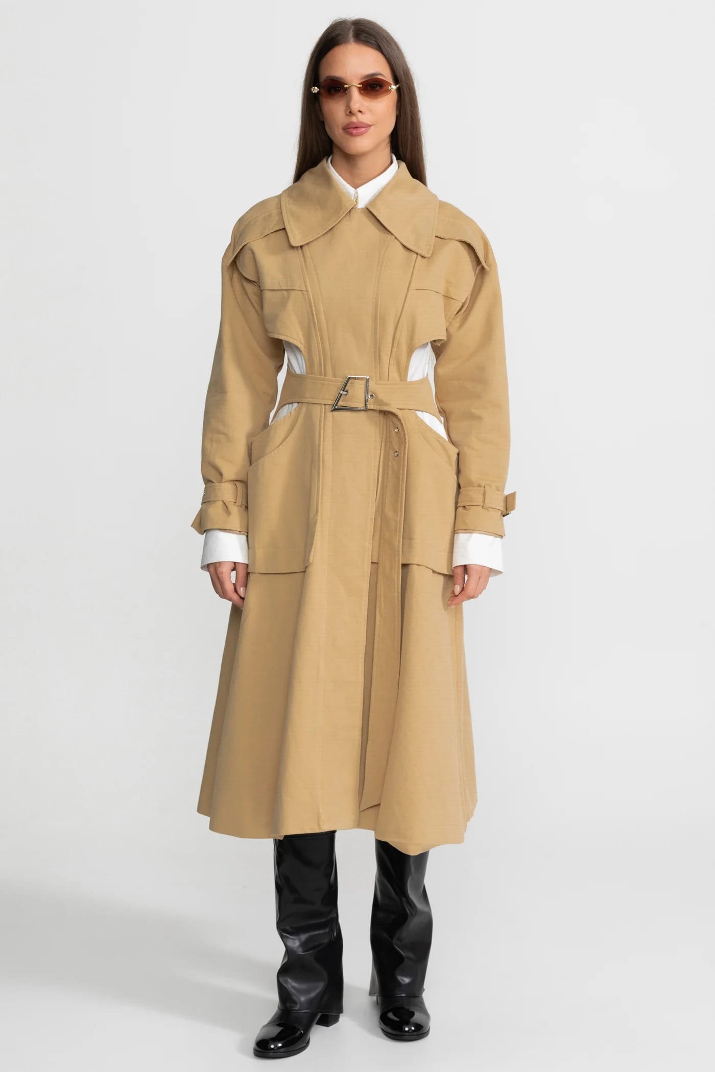 Cut-Out Belted Long Coat - Khaki