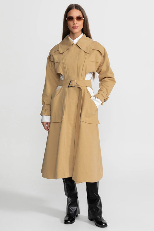 Cut-Out Belted Long Coat - Khaki