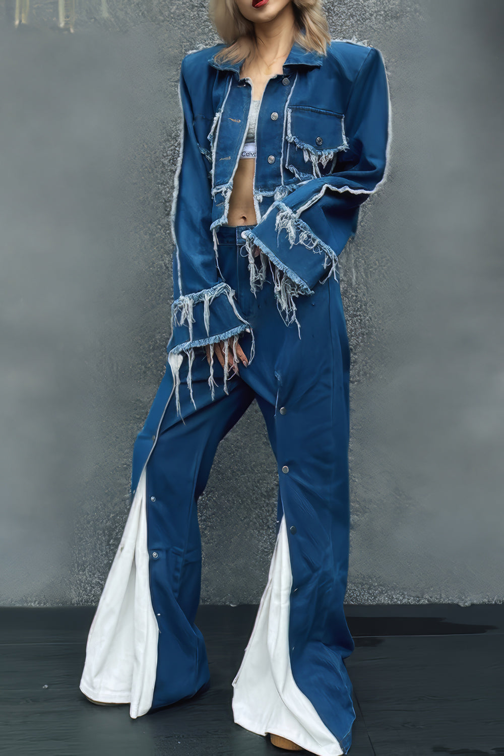 Two-Piece Set with Distressed Denim Top and Contrast Jeans
