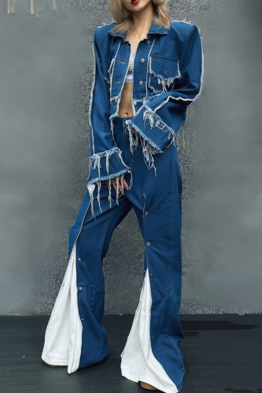 Two-Piece Set with Distressed Denim Top and Contrast Jeans