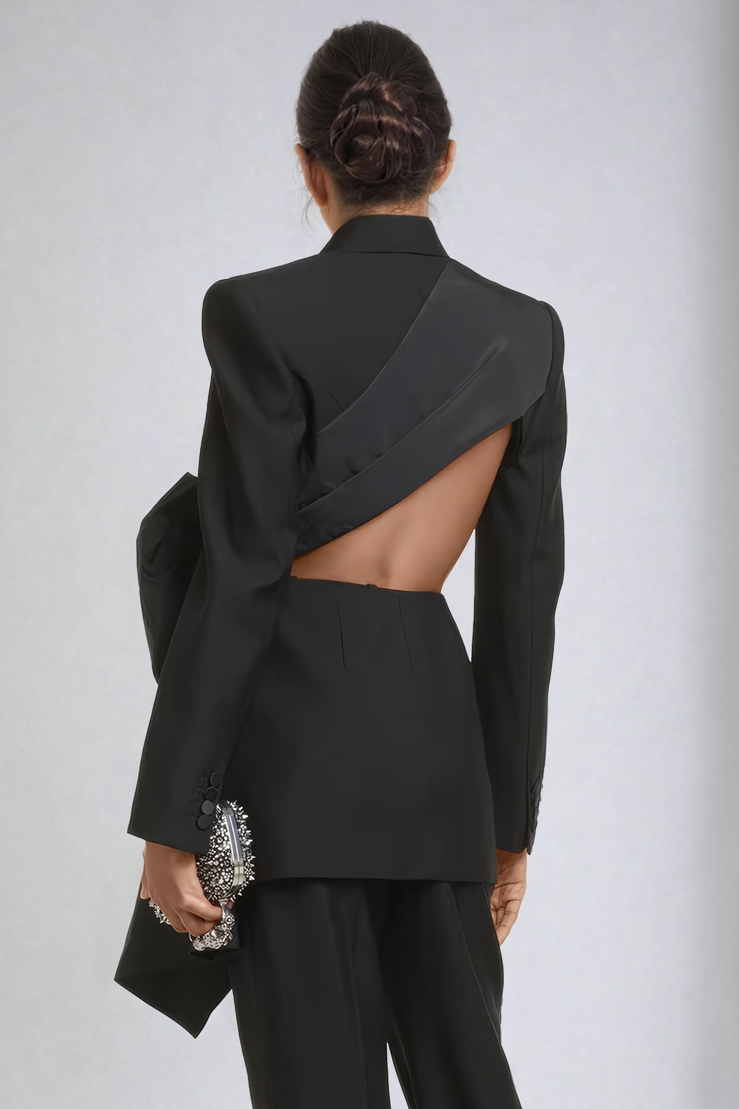 Asymmetrical Cutout Blazer with Oversized Bow Detail - Black