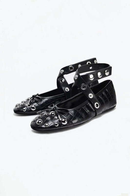 Ballet Flats with Studded Straps and Croc Texture - Black