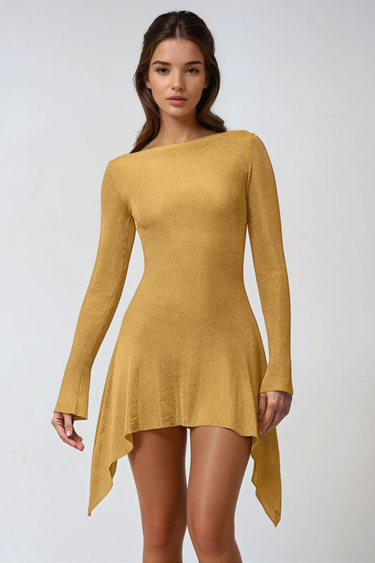 Long Sleeve Asymmetrical Hem Mini Dress - Yellow