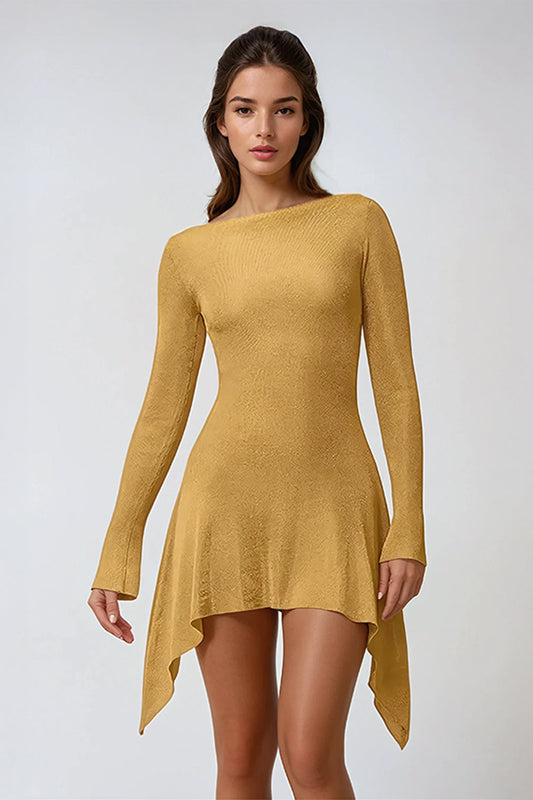 Long Sleeve Asymmetrical Mini Dress with Open Back - Yellow