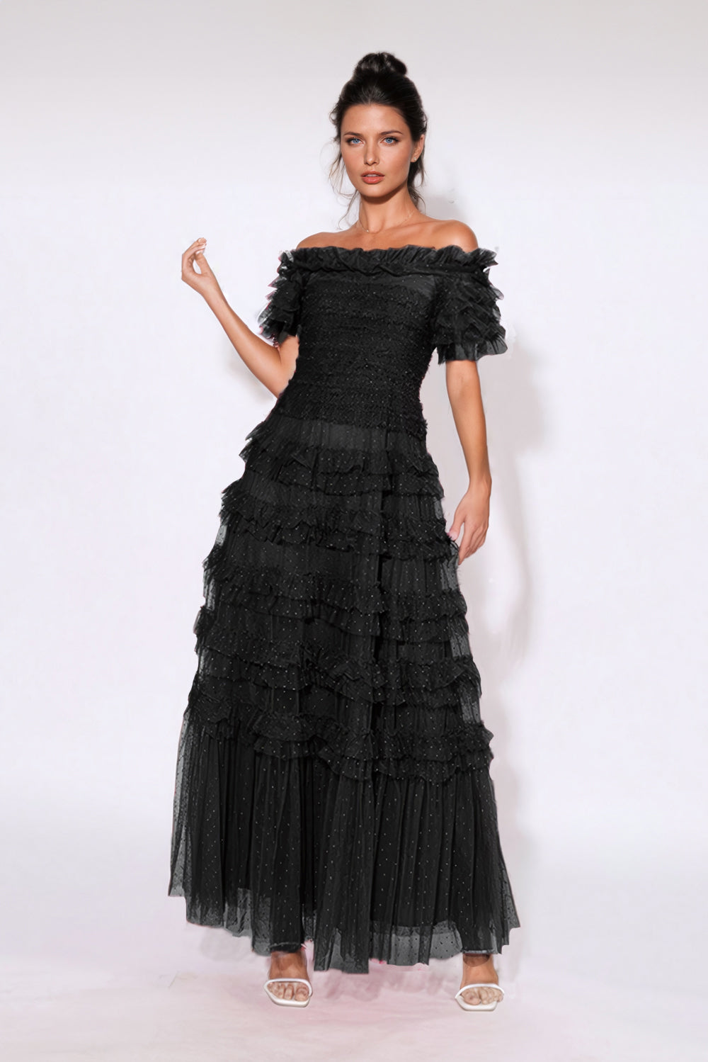 Ruffled Off-Shoulder Maxi Dress - Black