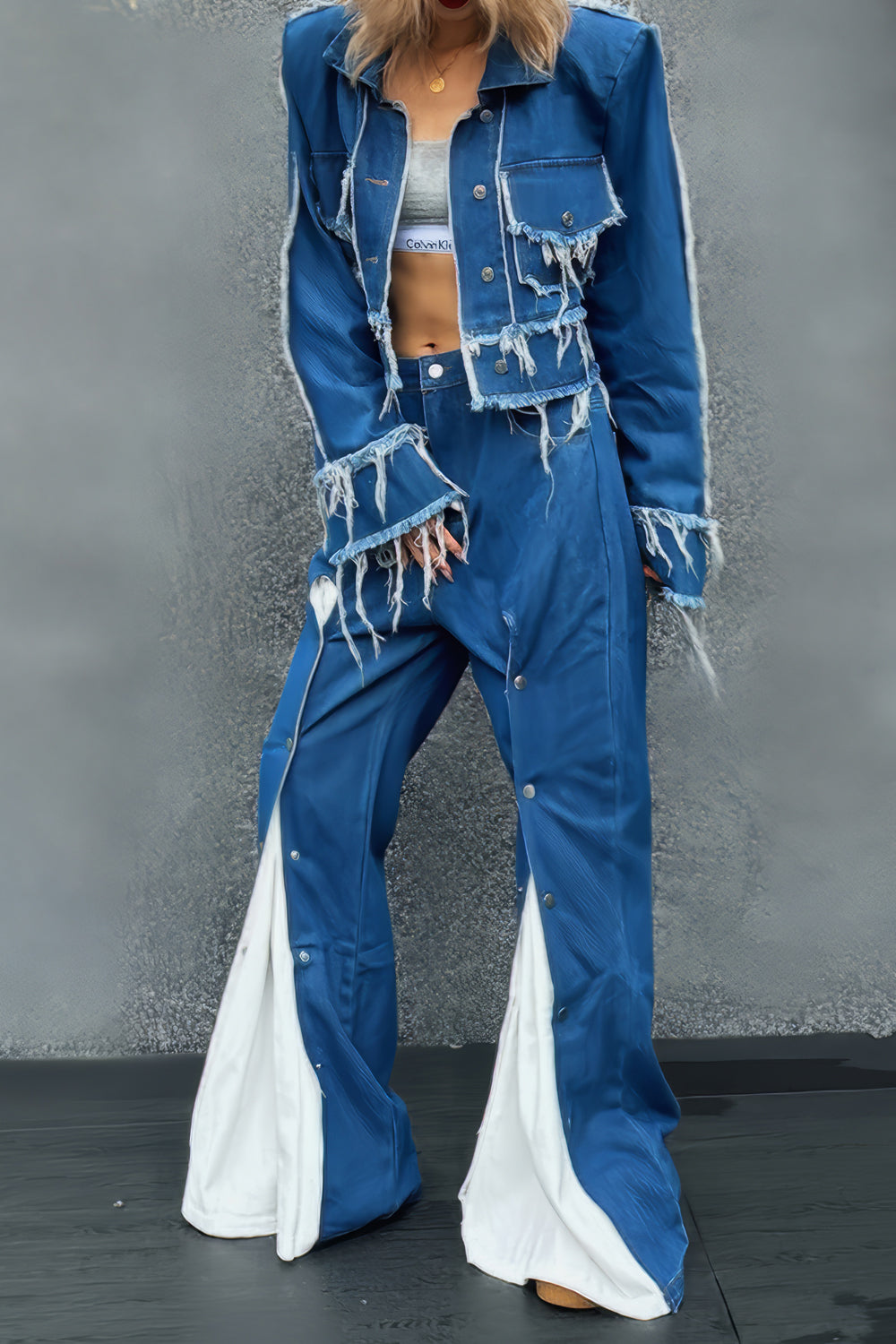Two-Piece Set with Distressed Denim Top and Contrast Jeans