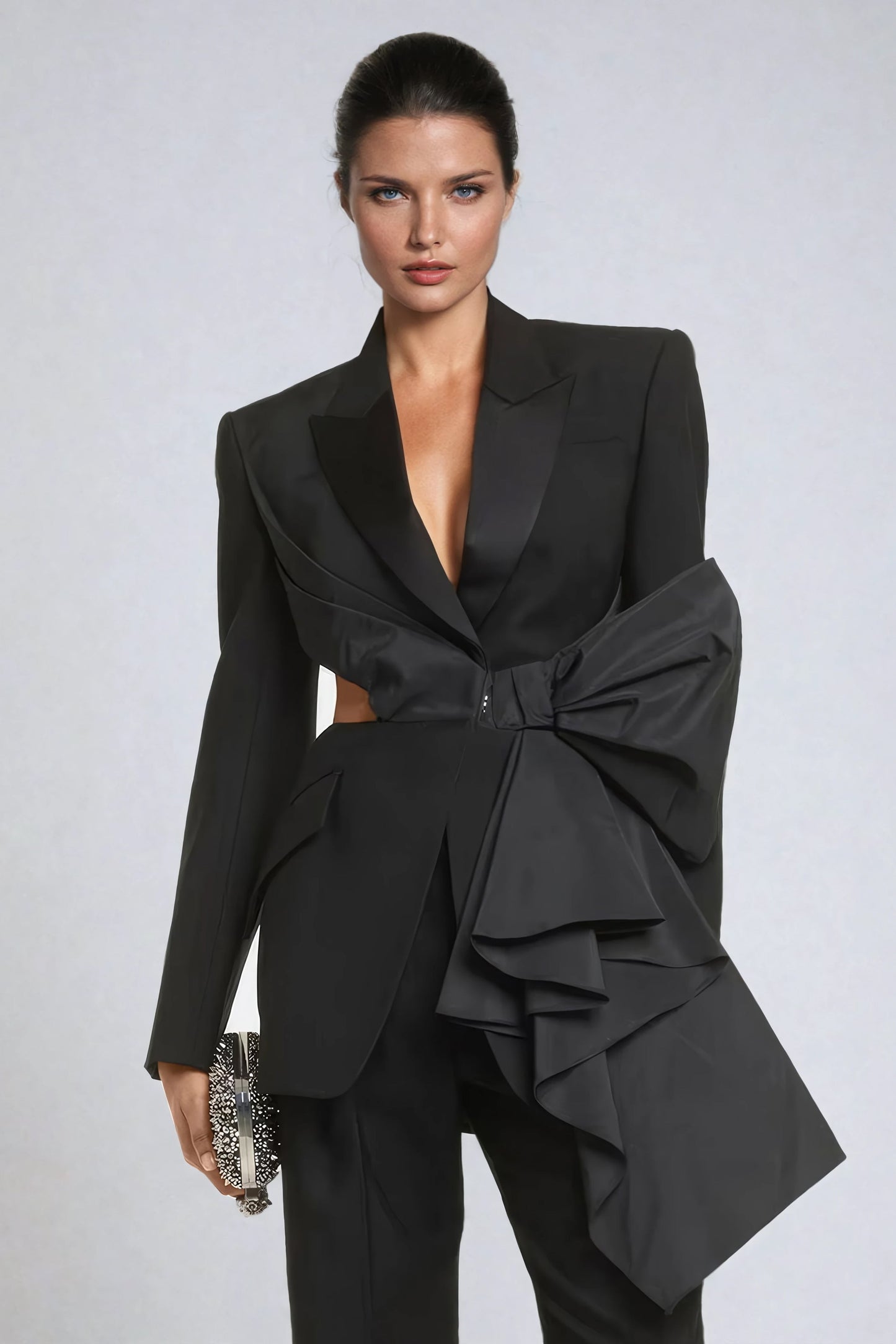 Asymmetrical Cutout Blazer with Oversized Bow Detail - Black