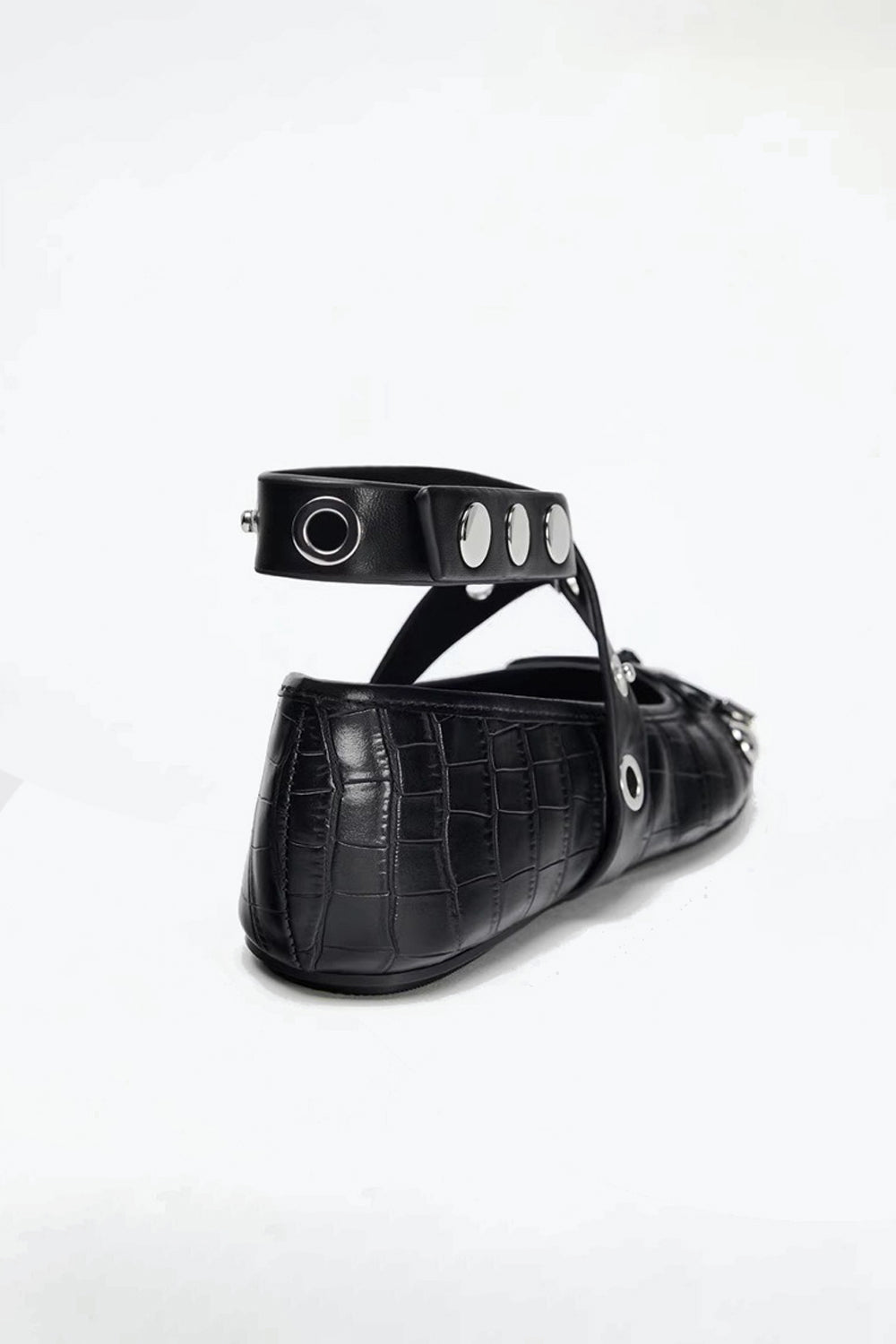Ballet Flats with Studded Straps and Croc Texture - Black