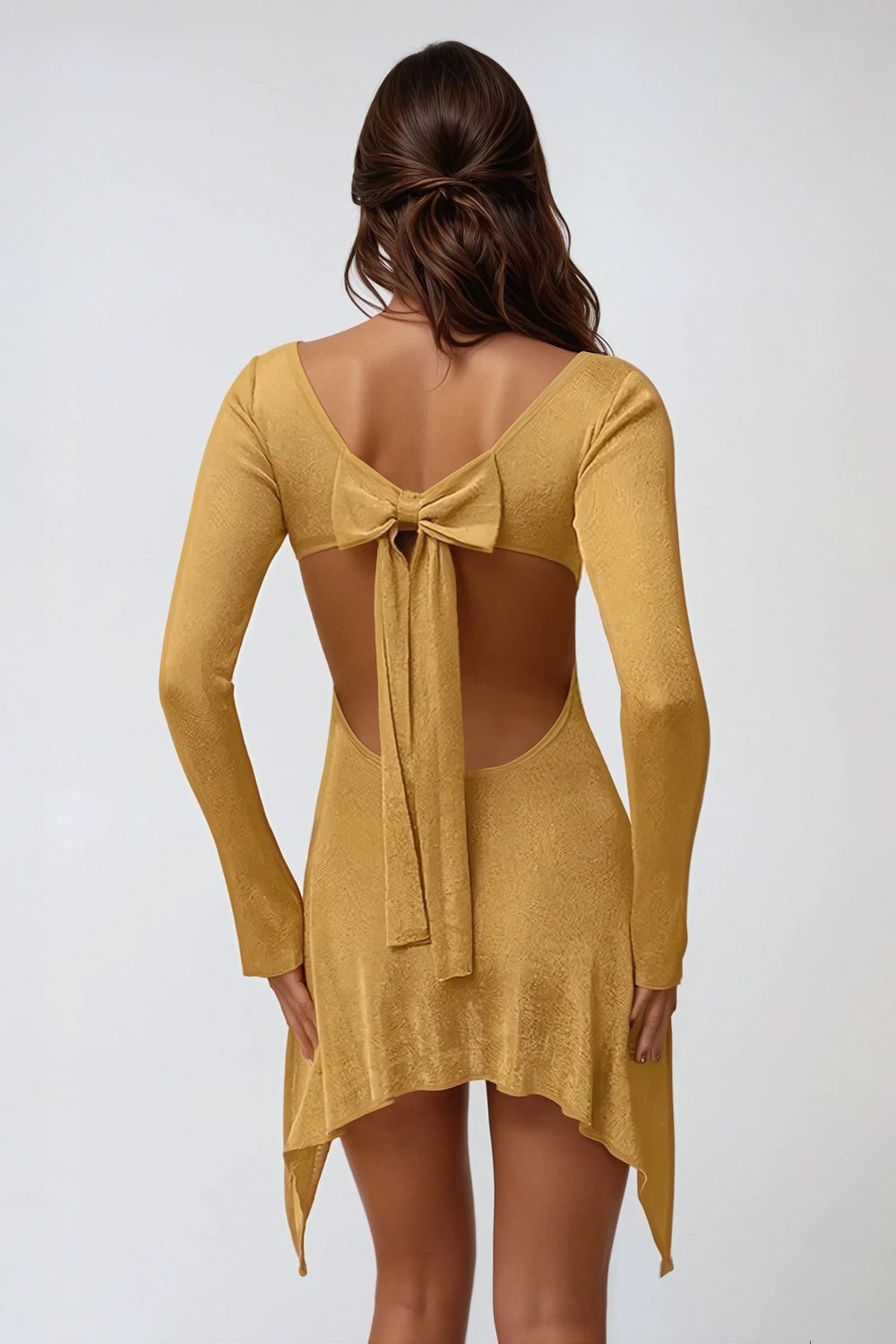 Long Sleeve Asymmetrical Hem Mini Dress - Yellow