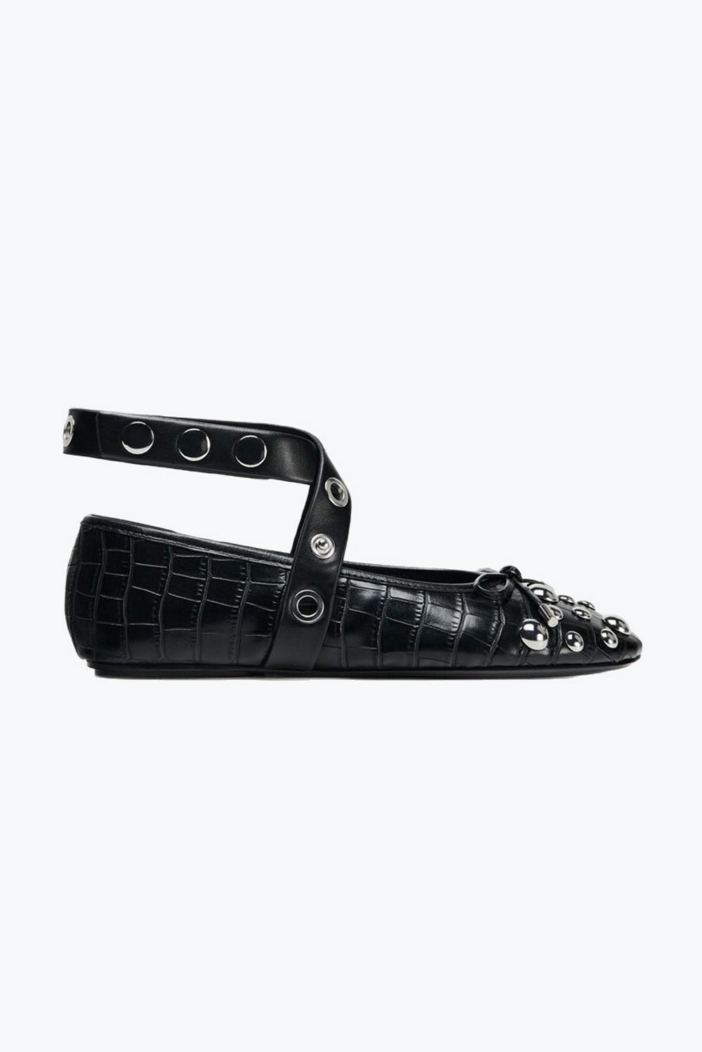 Ballet Flats with Studded Straps and Croc Texture - Black