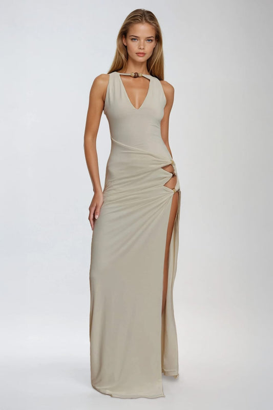 Cut-Out Maxi Dress with Side Slit and Hardware Detail - Apricot