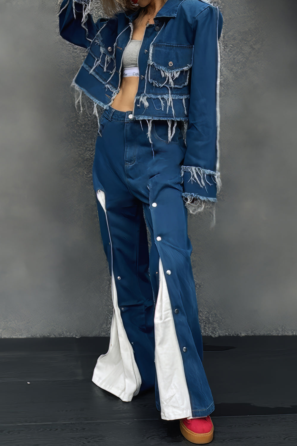 Two-Piece Set with Distressed Denim Top and Contrast Jeans