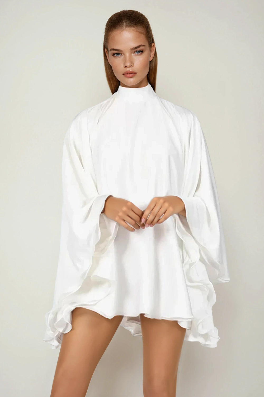 High Neck Mini Dress with Flowing Cape Sleeves - White
