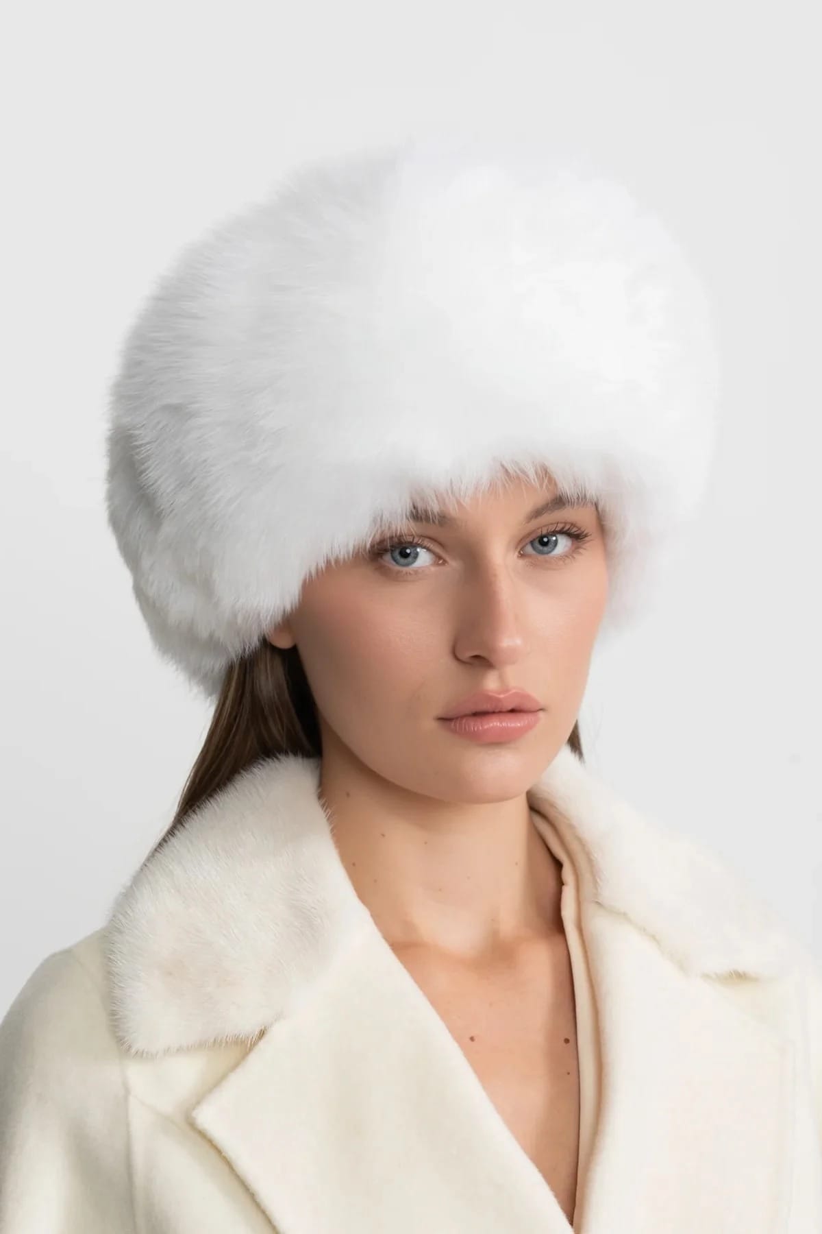 Fur Trimmed Hat with Pom-Pom Ties - White