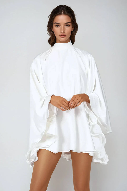 High Neck Mini Dress with Flowing Cape Sleeves - White