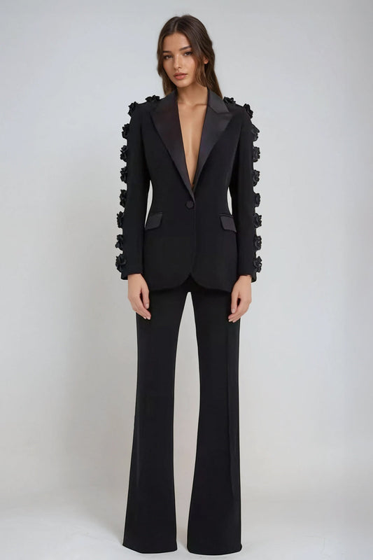 Two-Piece Set with Embellished Blazer and Flared Trousers - Black