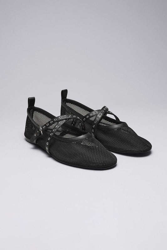 Mesh Ballet Flats with Double Strap Detail - Black