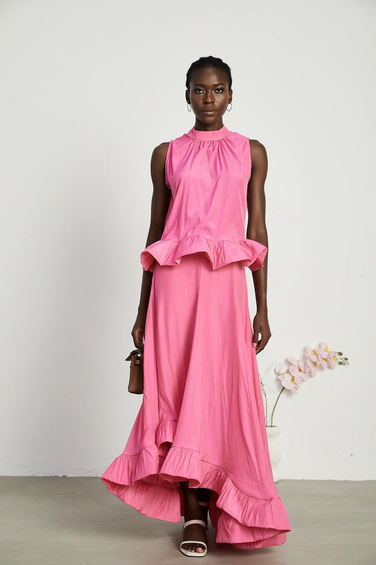 Two-Piece Set with Ruffle Hem Top and Maxi Skirt - Pink