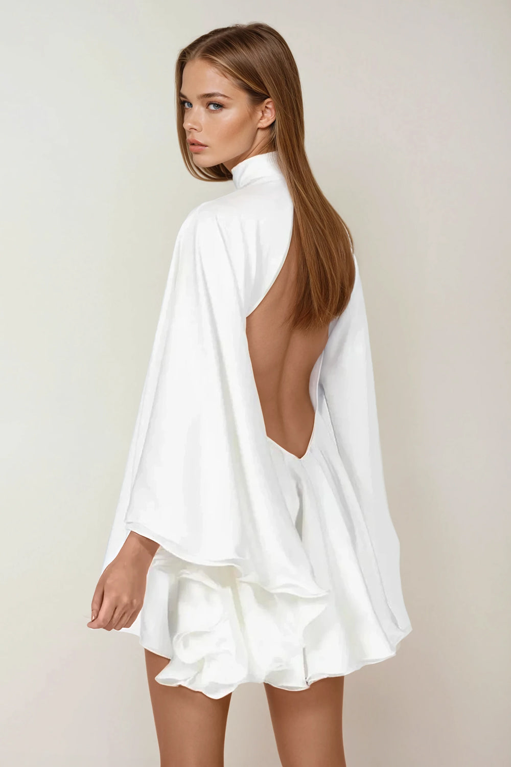High Neck Mini Dress with Flowing Cape Sleeves - White