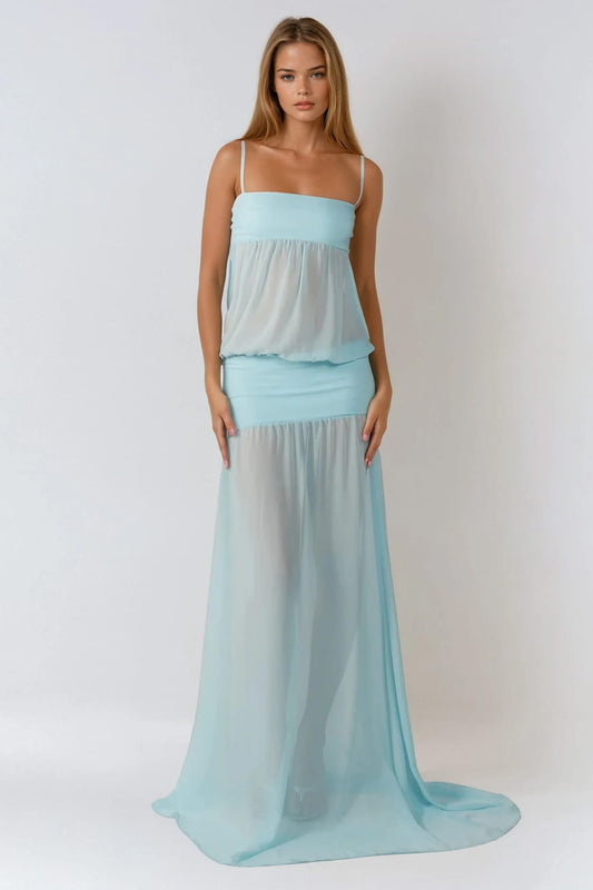 Maxi Dress with Sheer Overlay and Spaghetti Straps - Blue