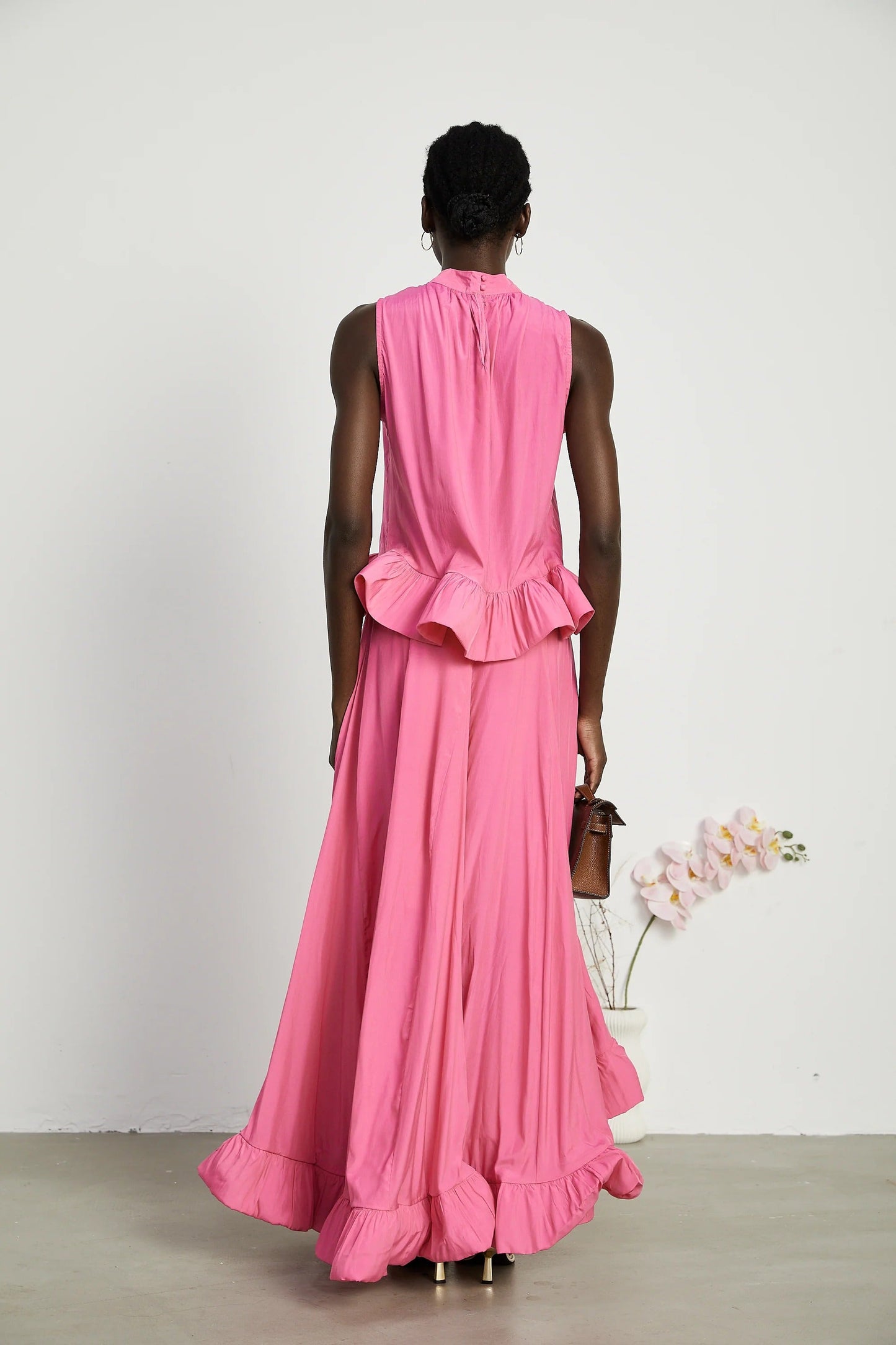 Two-Piece Set with Ruffle Hem Top and Maxi Skirt - Pink