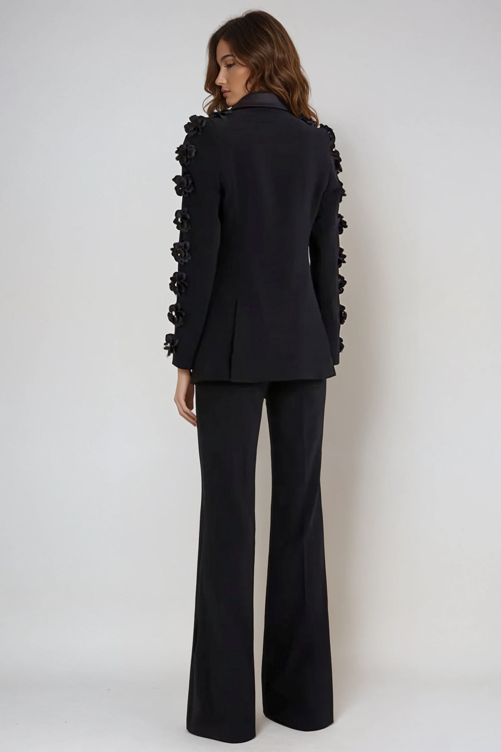 Two-Piece Set with Embellished Blazer and Flared Trousers - Black