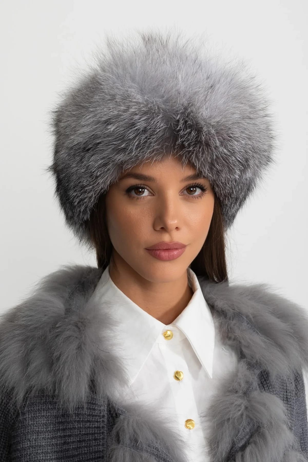 Fur Trimmed Hat with Pom-Pom Ties - Gray