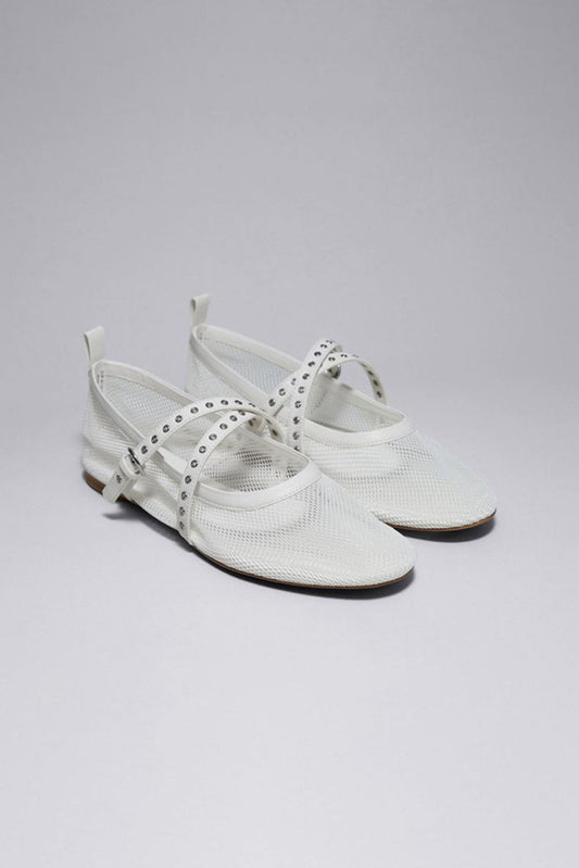 Mesh Ballet Flats with Double Strap Detail - White