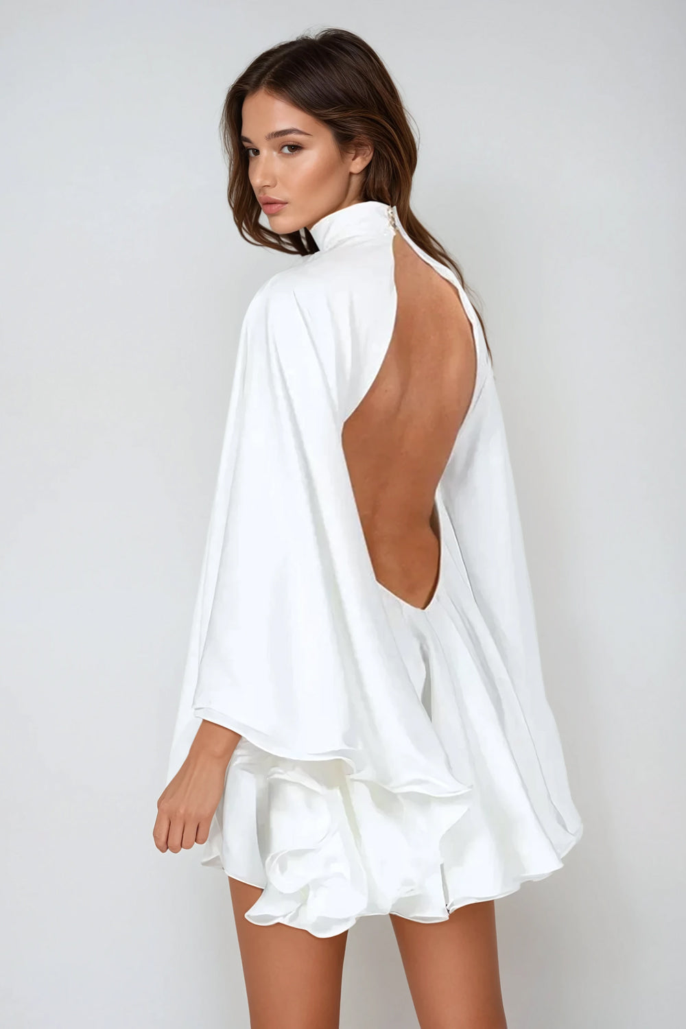 High Neck Mini Dress with Flowing Cape Sleeves - White