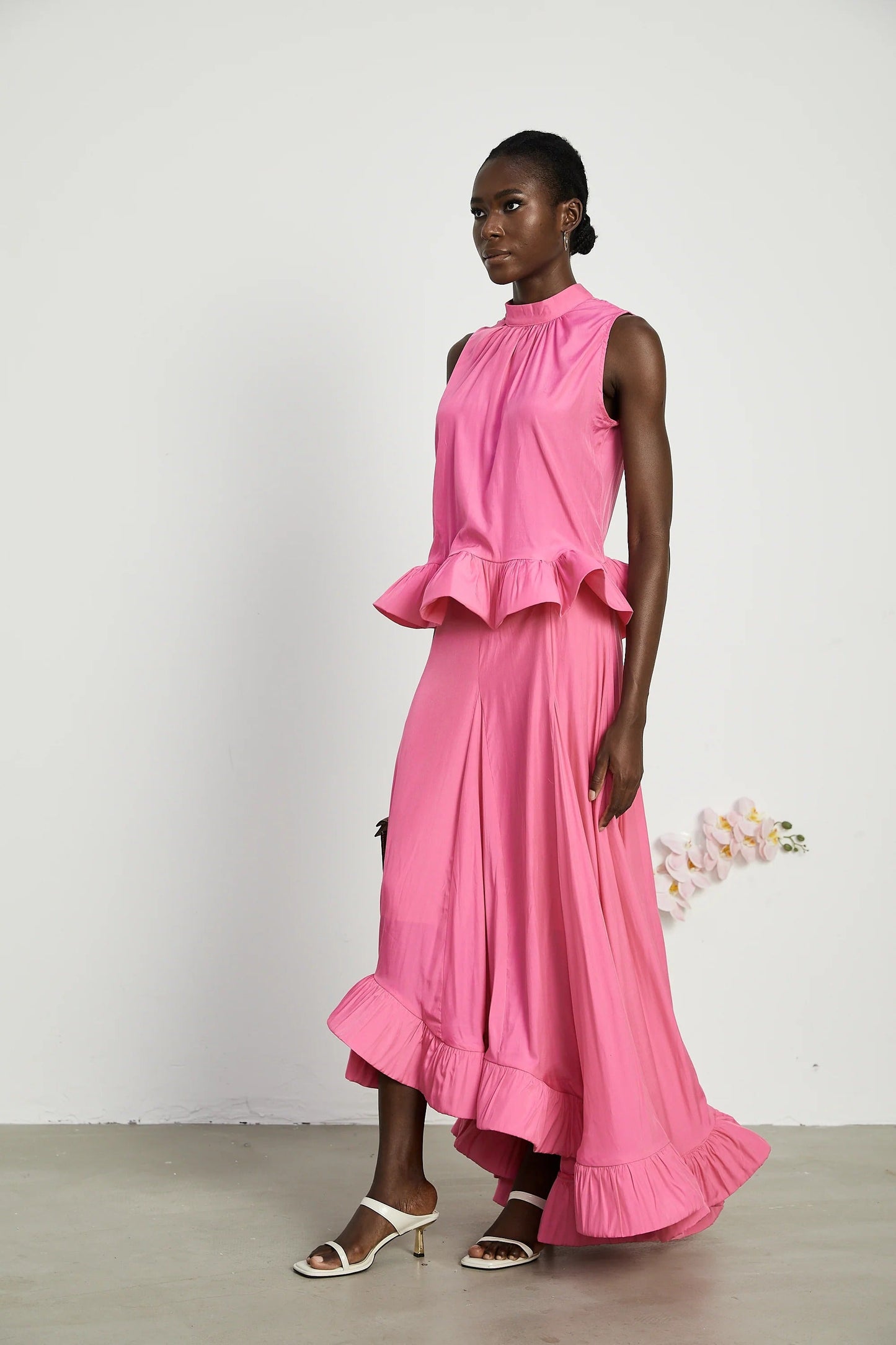 Two-Piece Set with Ruffle Hem Top and Maxi Skirt - Pink