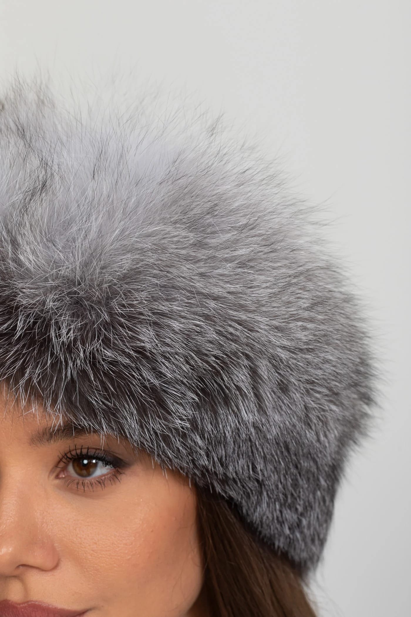 Fur Trimmed Hat with Pom-Pom Ties - Gray