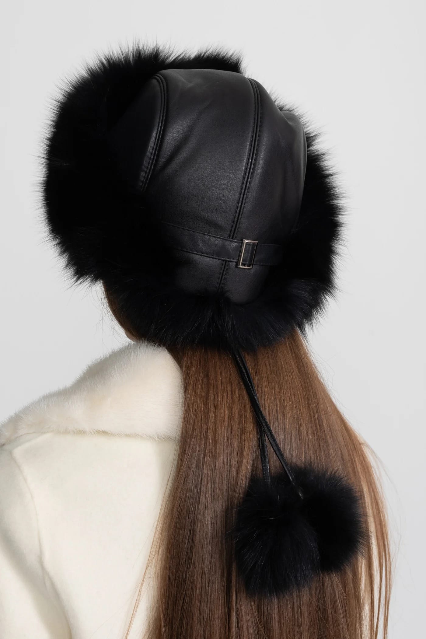 Fur Trimmed Hat with Pom-Pom Ties - Black