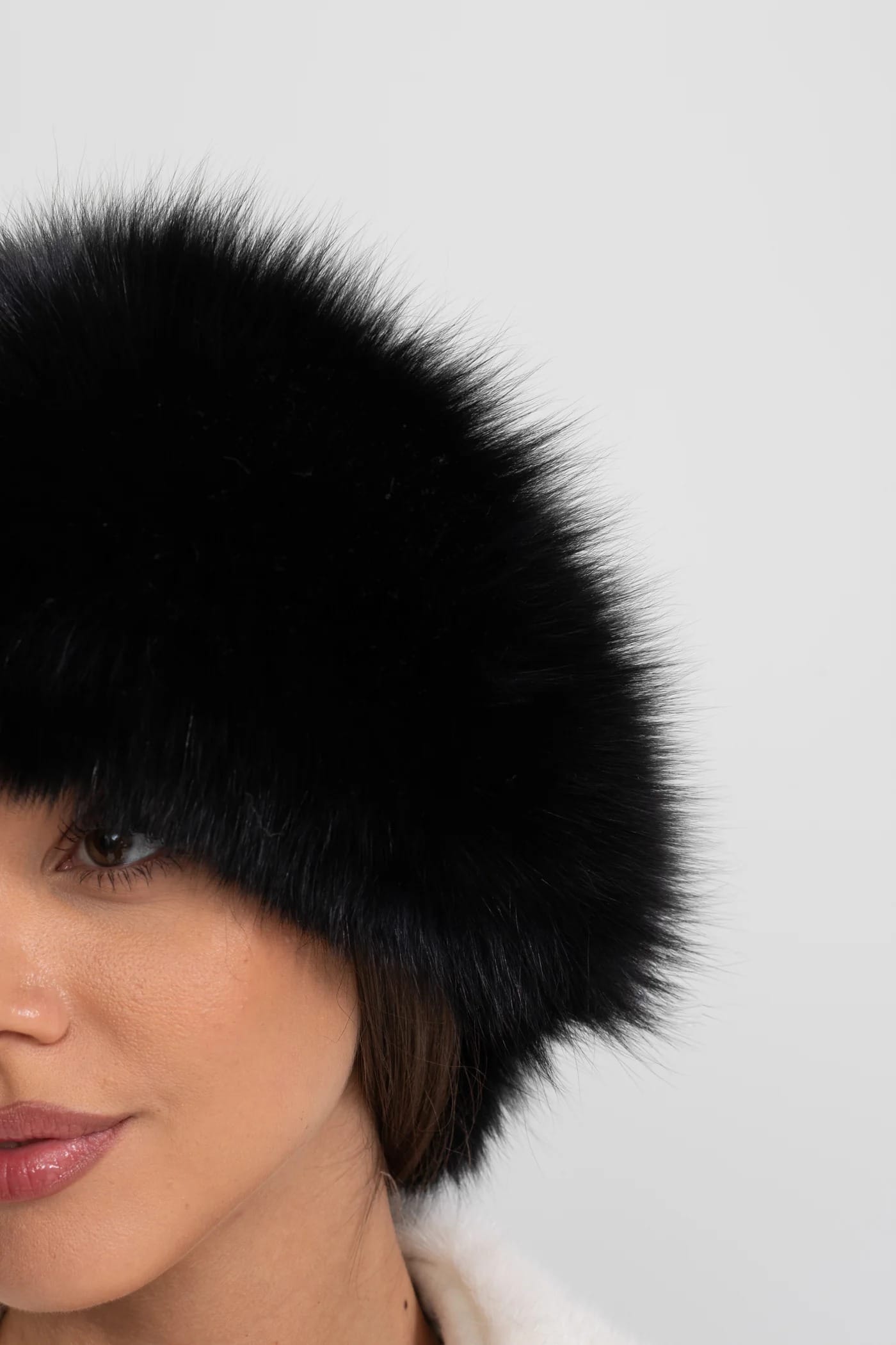 Fur Trimmed Hat with Pom-Pom Ties - Black