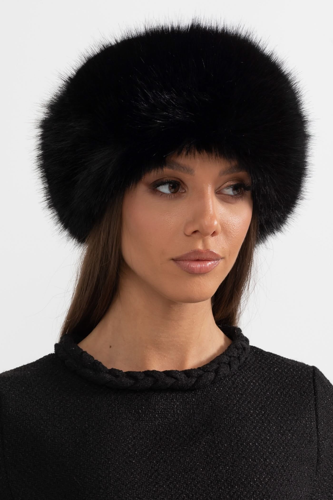Fur Trimmed Hat with Pom-Pom Ties - Black