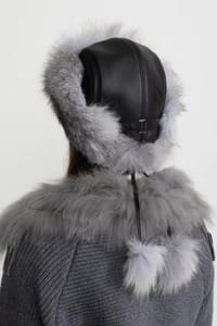 Fur Trimmed Hat with Pom-Pom Ties - Gray