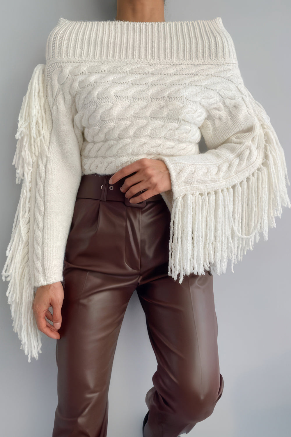 Off-Shoulder Cable Knit Sweater with Fringe Sleeves