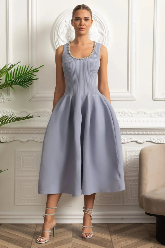 Sleeveless Knit Midi Dress With Embellished Scoop Neckline - Blue