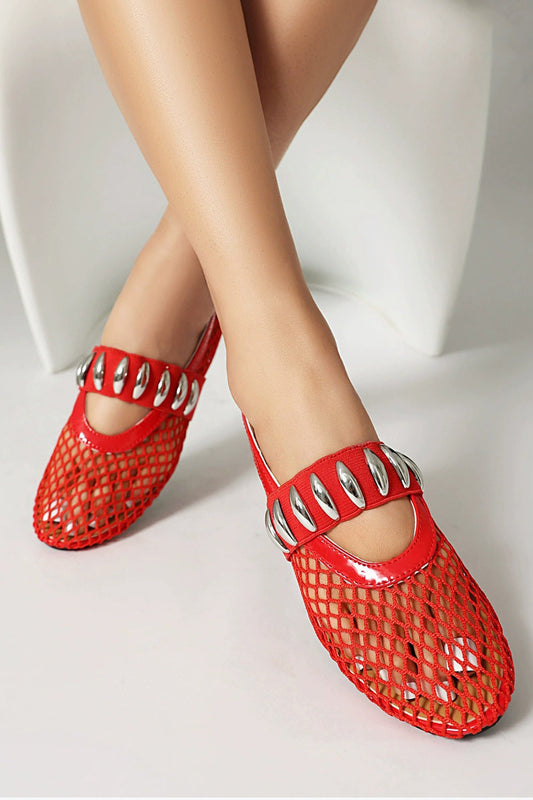 Mesh Slip-On Flats with Metal Stud Strap - Red