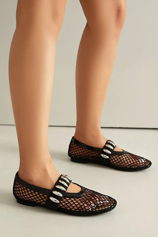 Mesh Slip-On Flats with Metal Stud Strap - Black