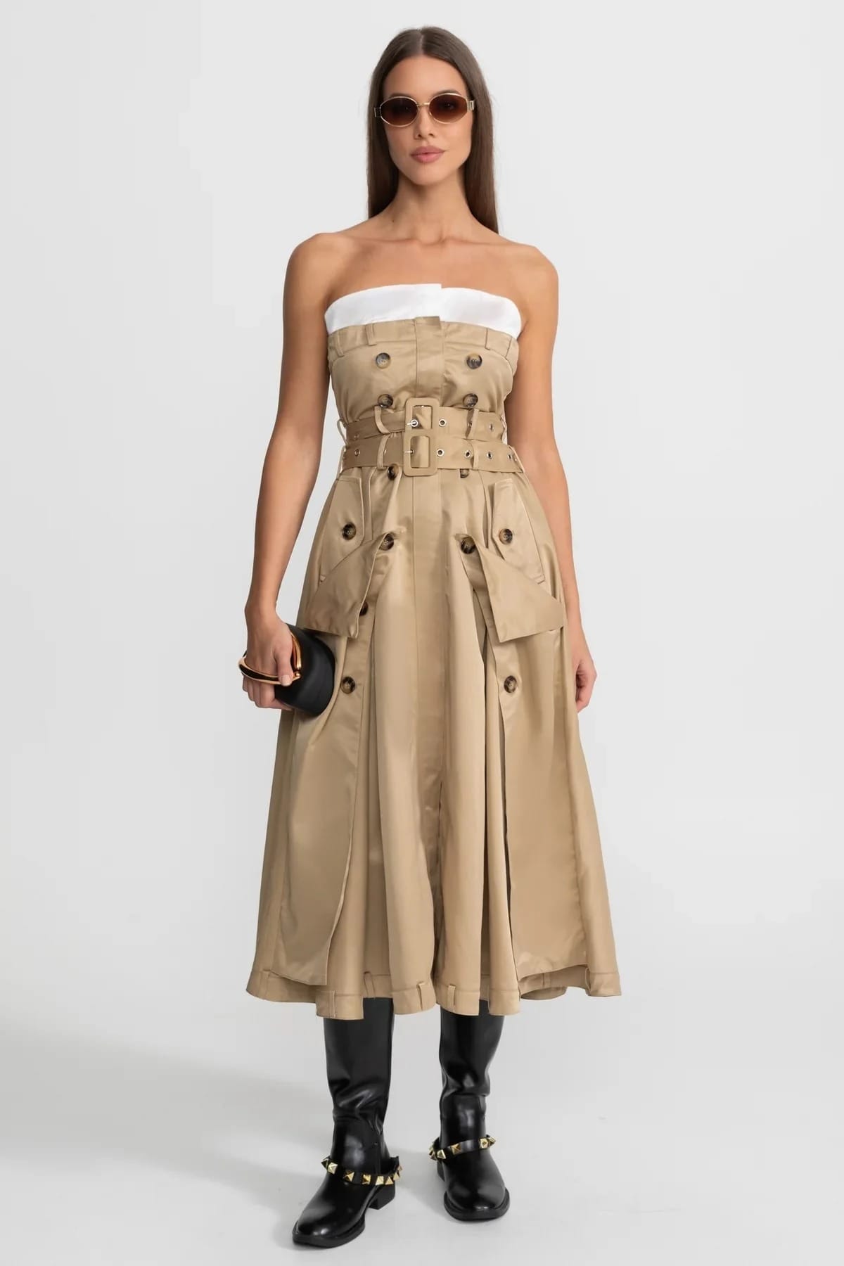 Strapless Belted Midi Dress with Pocket Detail - Khaki