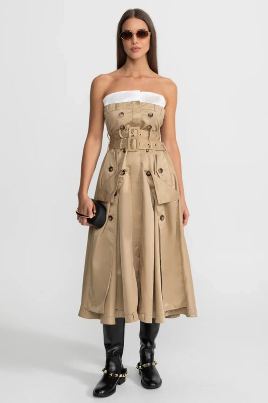 Strapless Belted Midi Dress with Pocket Detail - Khaki