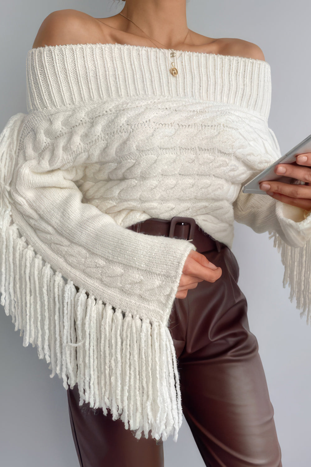 Off-Shoulder Cable Knit Sweater with Fringe Sleeves