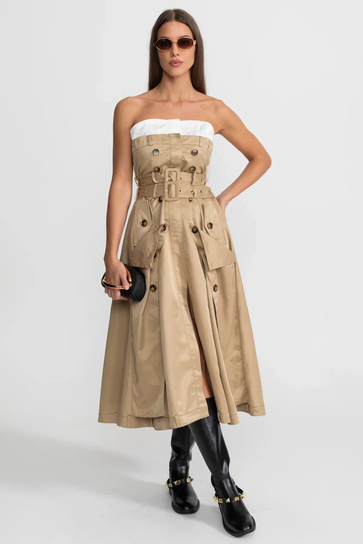 Strapless Belted Midi Dress with Pocket Detail - Khaki