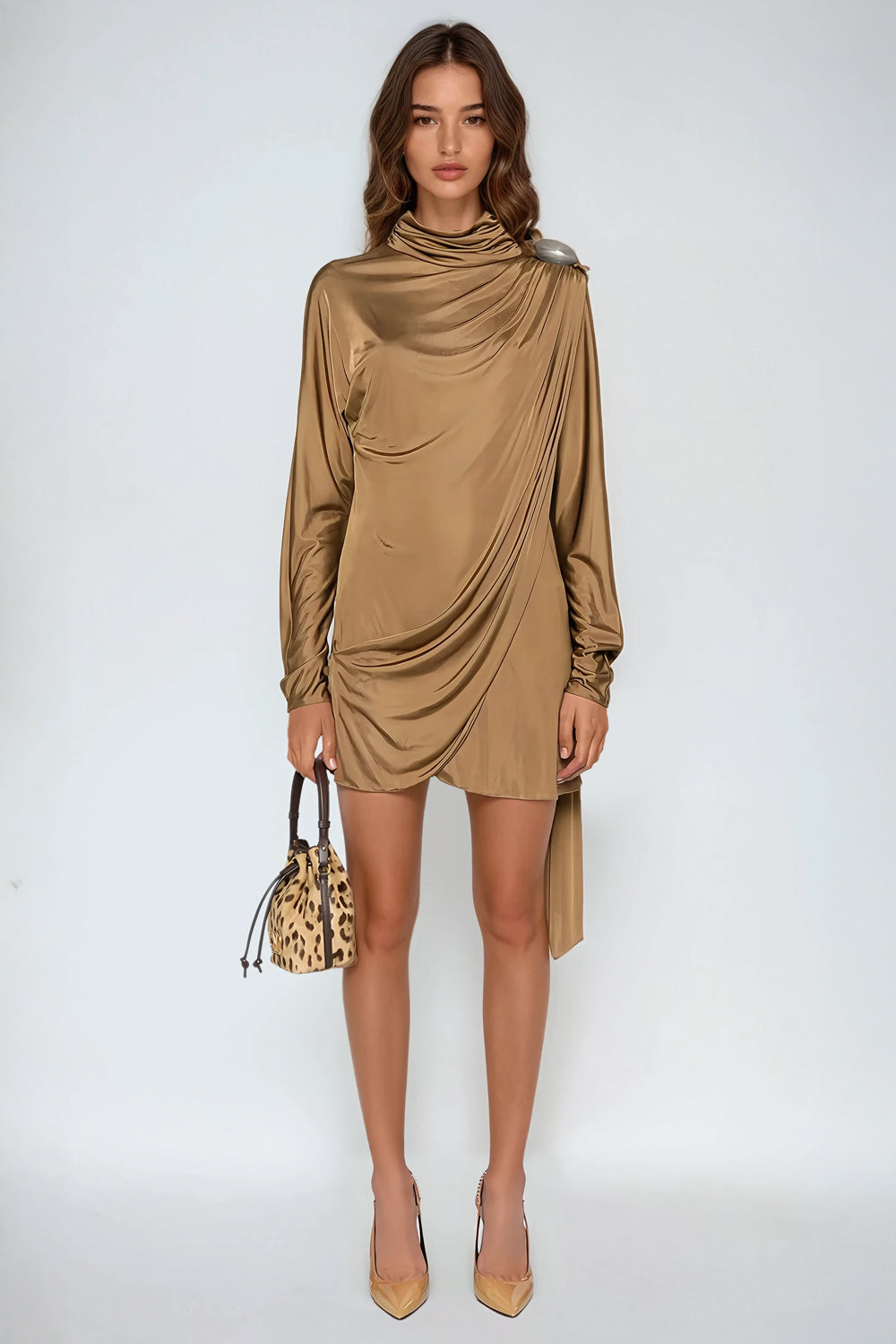 Long Sleeve Draped Mini Dress - Brown