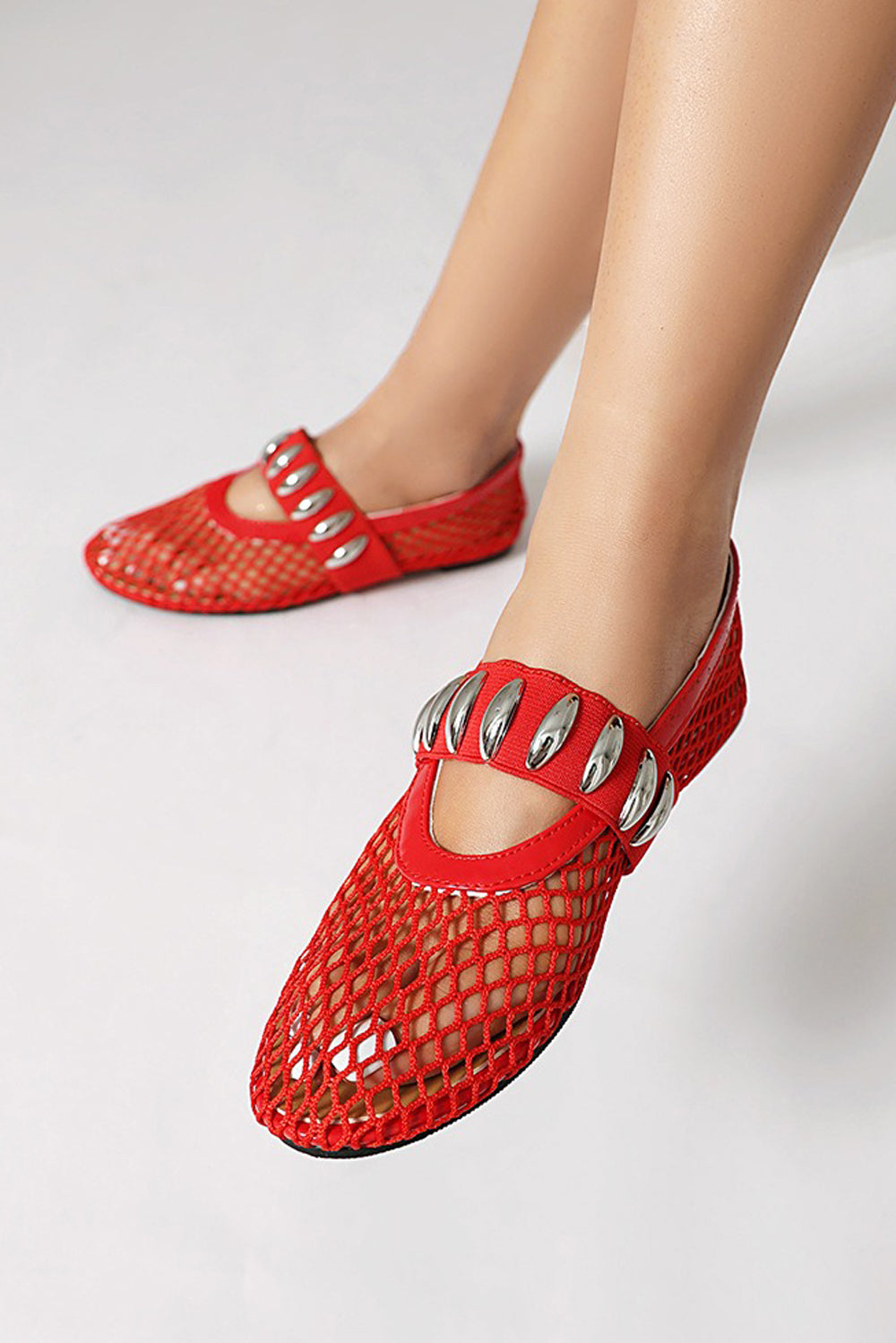 Mesh Slip-On Flats with Metal Stud Strap - Red