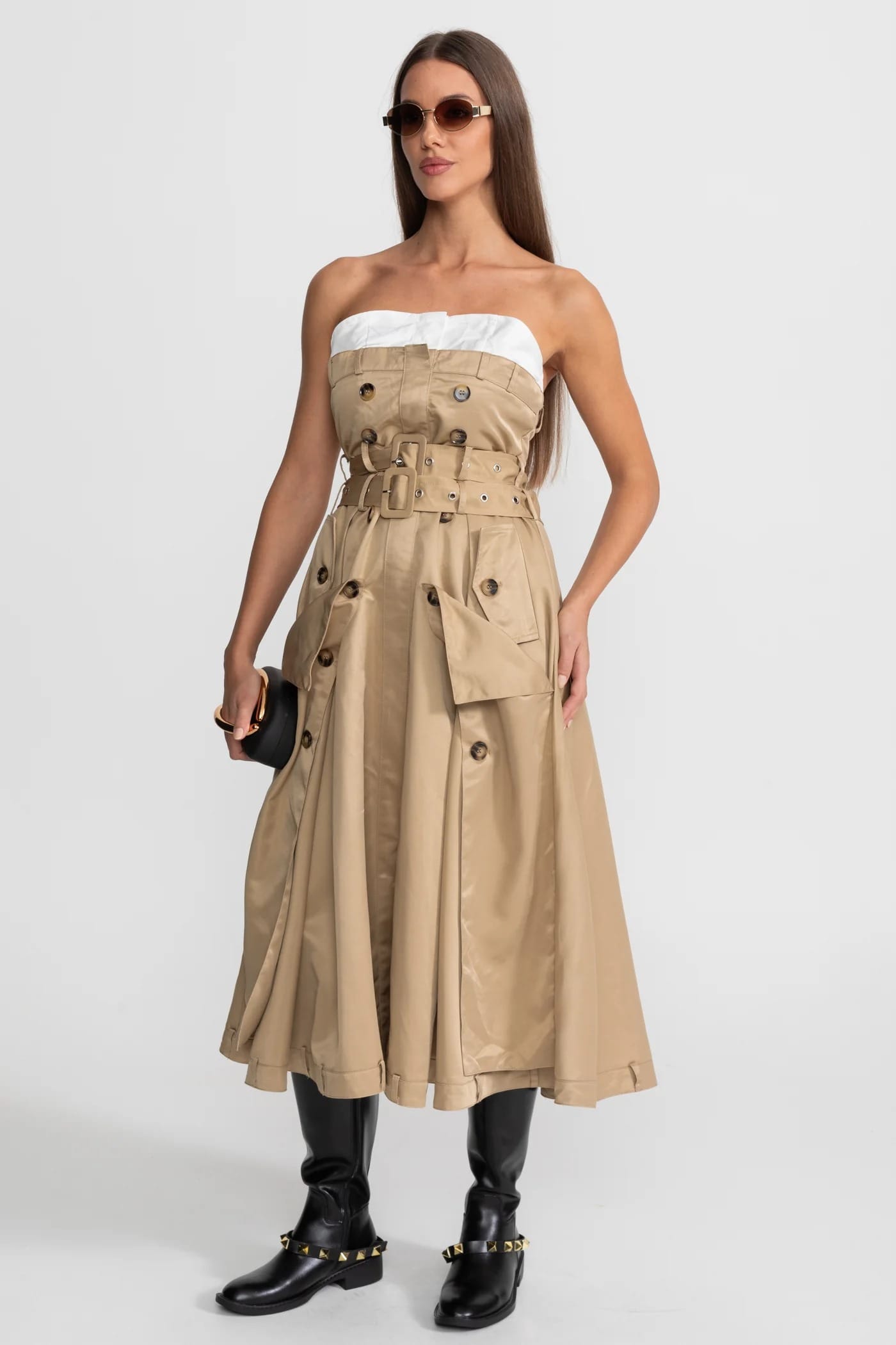 Strapless Belted Midi Dress with Pocket Detail - Khaki
